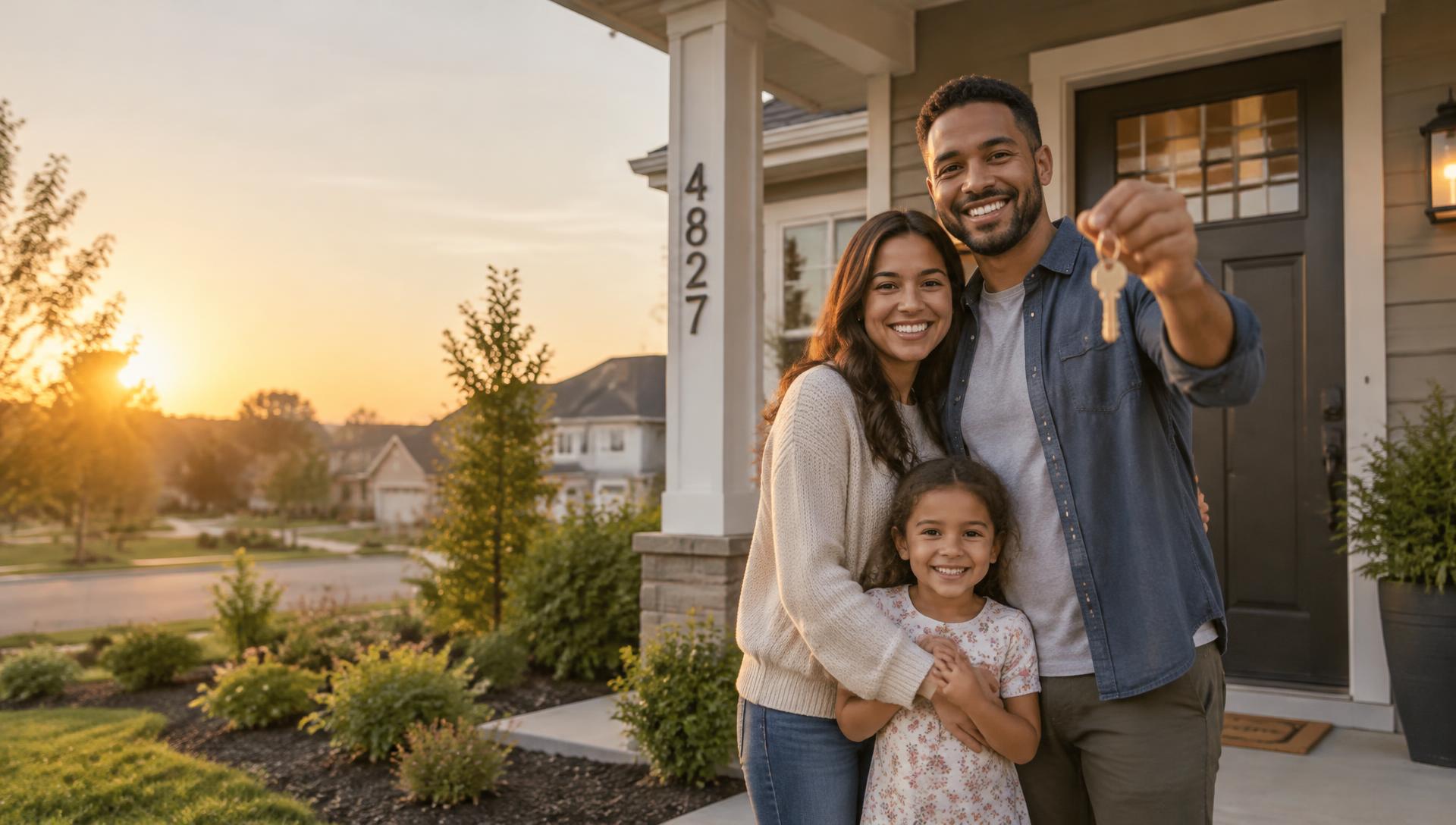 A smiling family holding the keys to their new home on the front porch at sunset